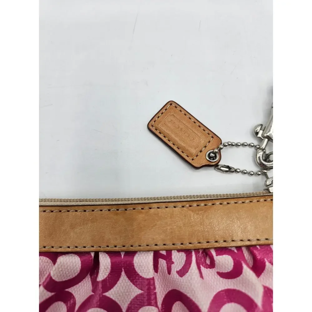 Coach Leah Opt Art Pink Coated Canvas Tan Leather Cosmetic Toiletry Make-up Bag‎